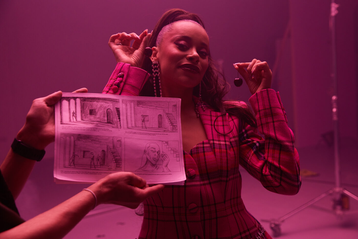 Behind the scenes, reviewing storyboards